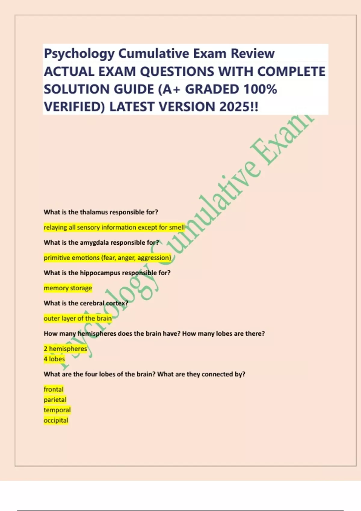 Psychology Cumulative Exam Review ACTUAL EXAM QUESTIONS WITH COMPLETE ...