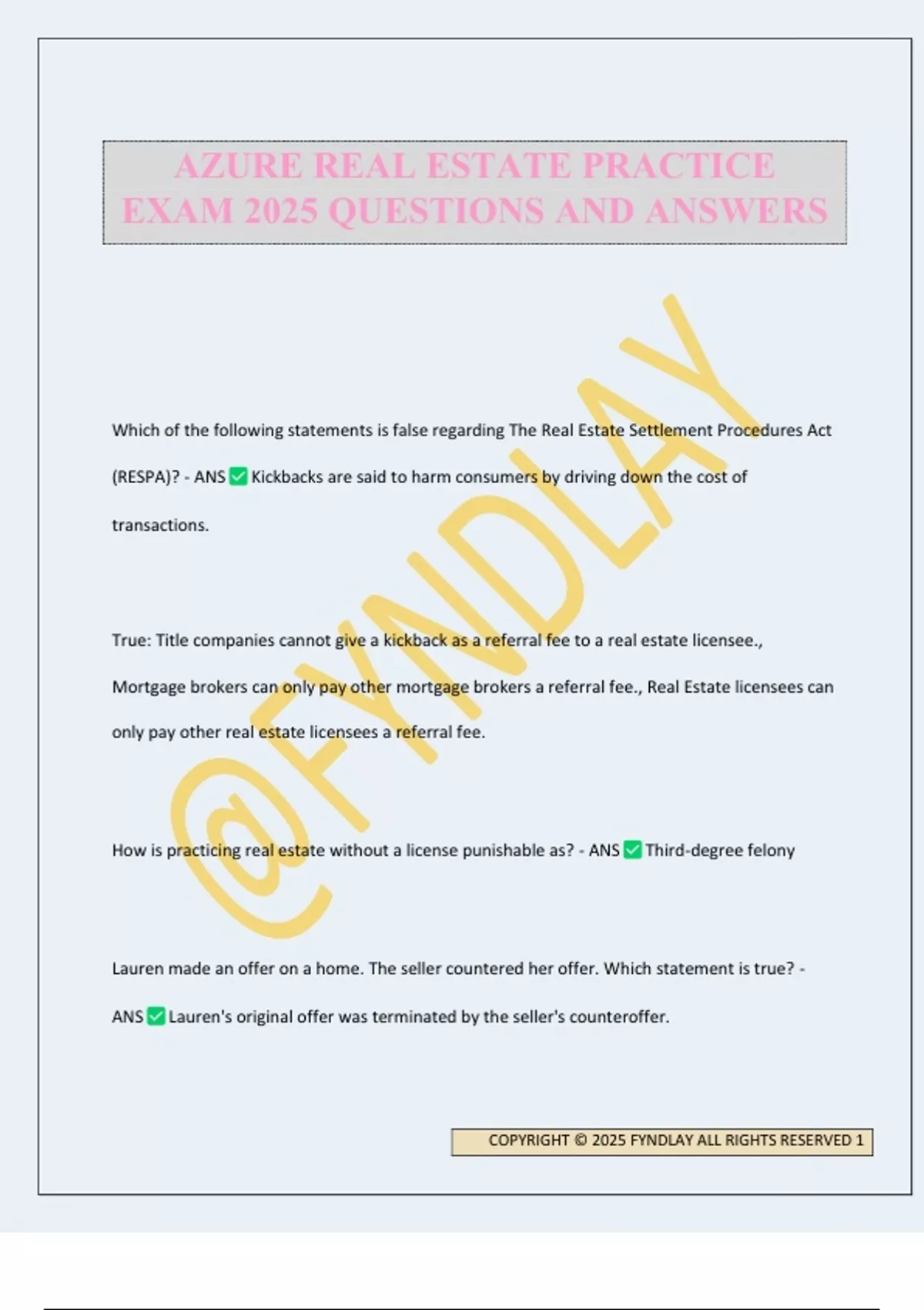 AZURE REAL ESTATE PRACTICE EXAM 2025 QUESTIONS AND ANSWER AZURE REAL
