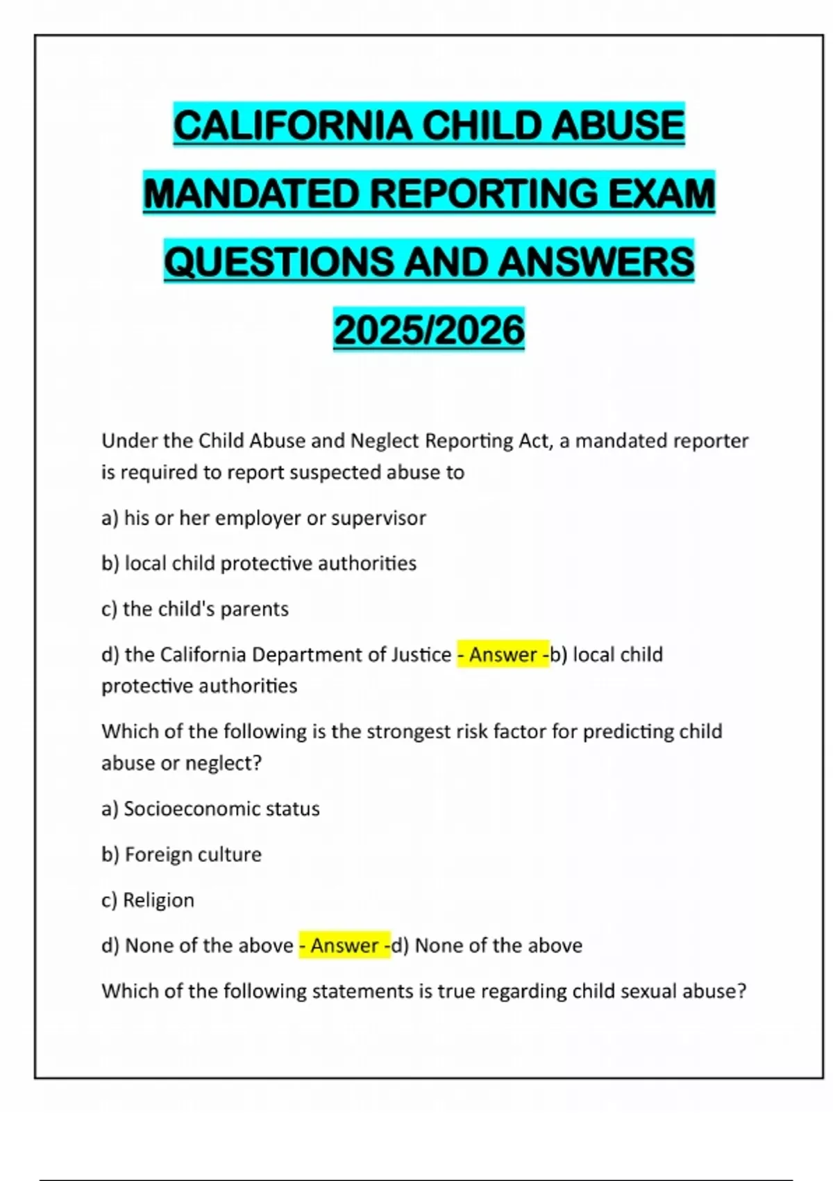 CALIFORNIA CHILD ABUSE MANDATED REPORTING EXAM QUESTIONS AND ANSWERS ...