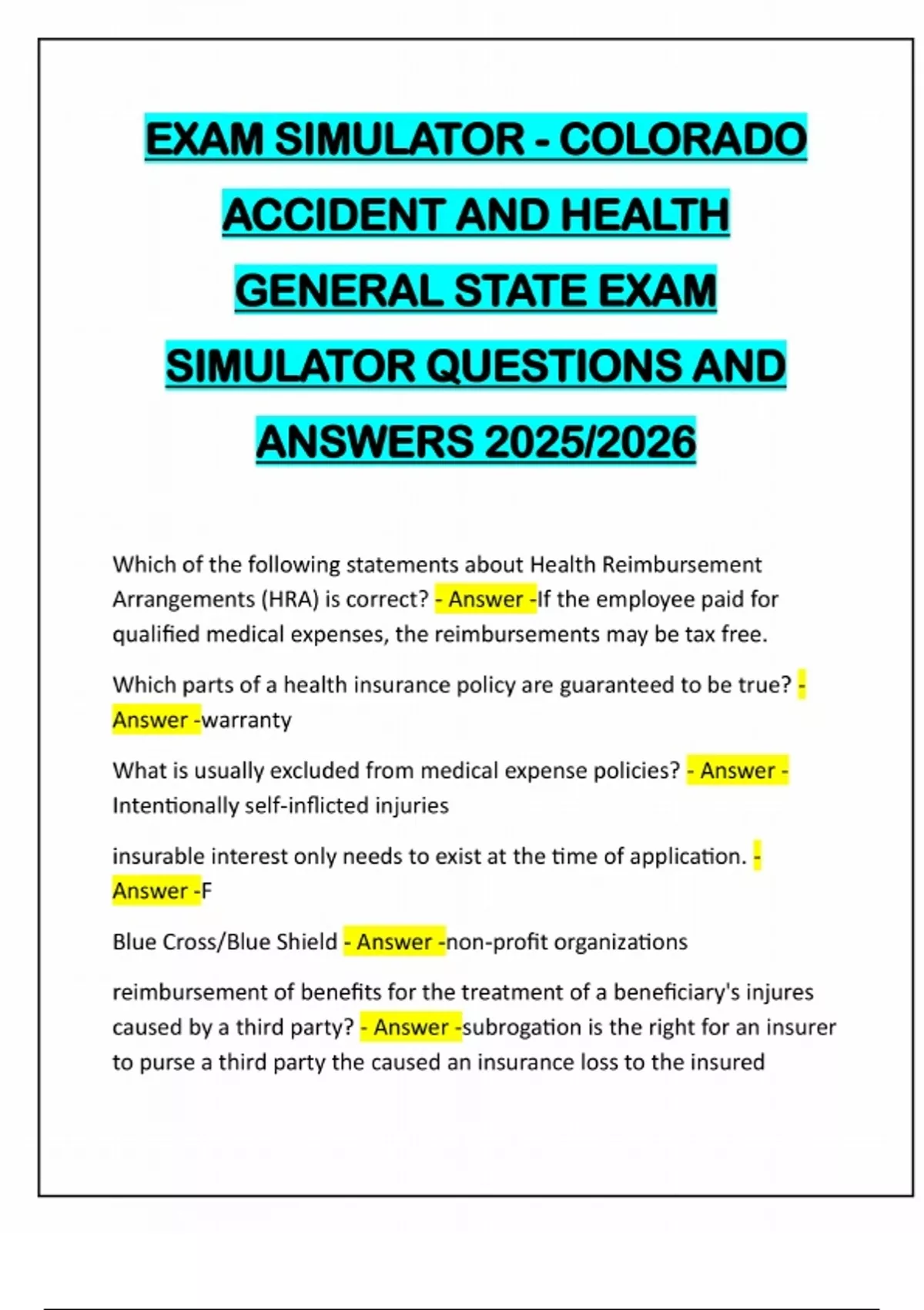 EXAM SIMULATOR - COLORADO ACCIDENT AND HEALTH GENERAL STATE EXAM ...