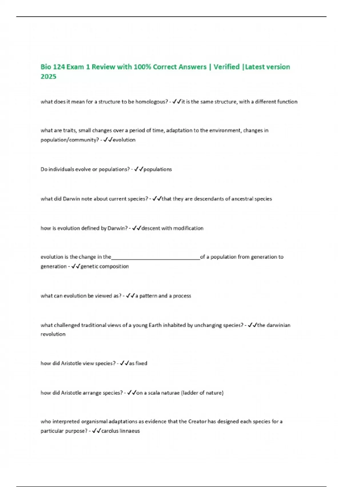Bio 124 Exam 1 Review with 100% Correct Answers | Verified |Latest ...