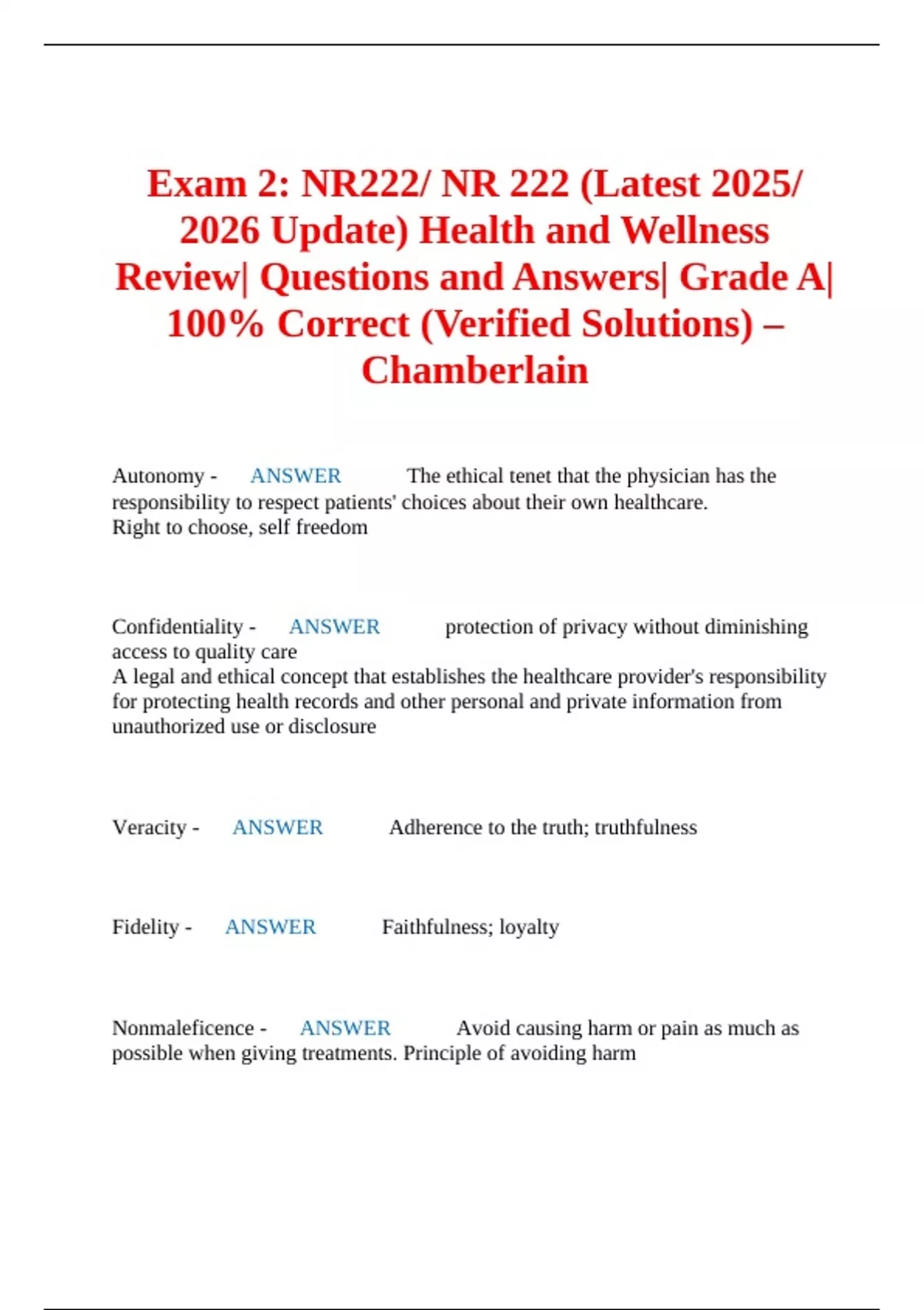 Exam 2: NR222/ NR 222 (Latest 2025/ 2026 Update) Health and Wellness ...
