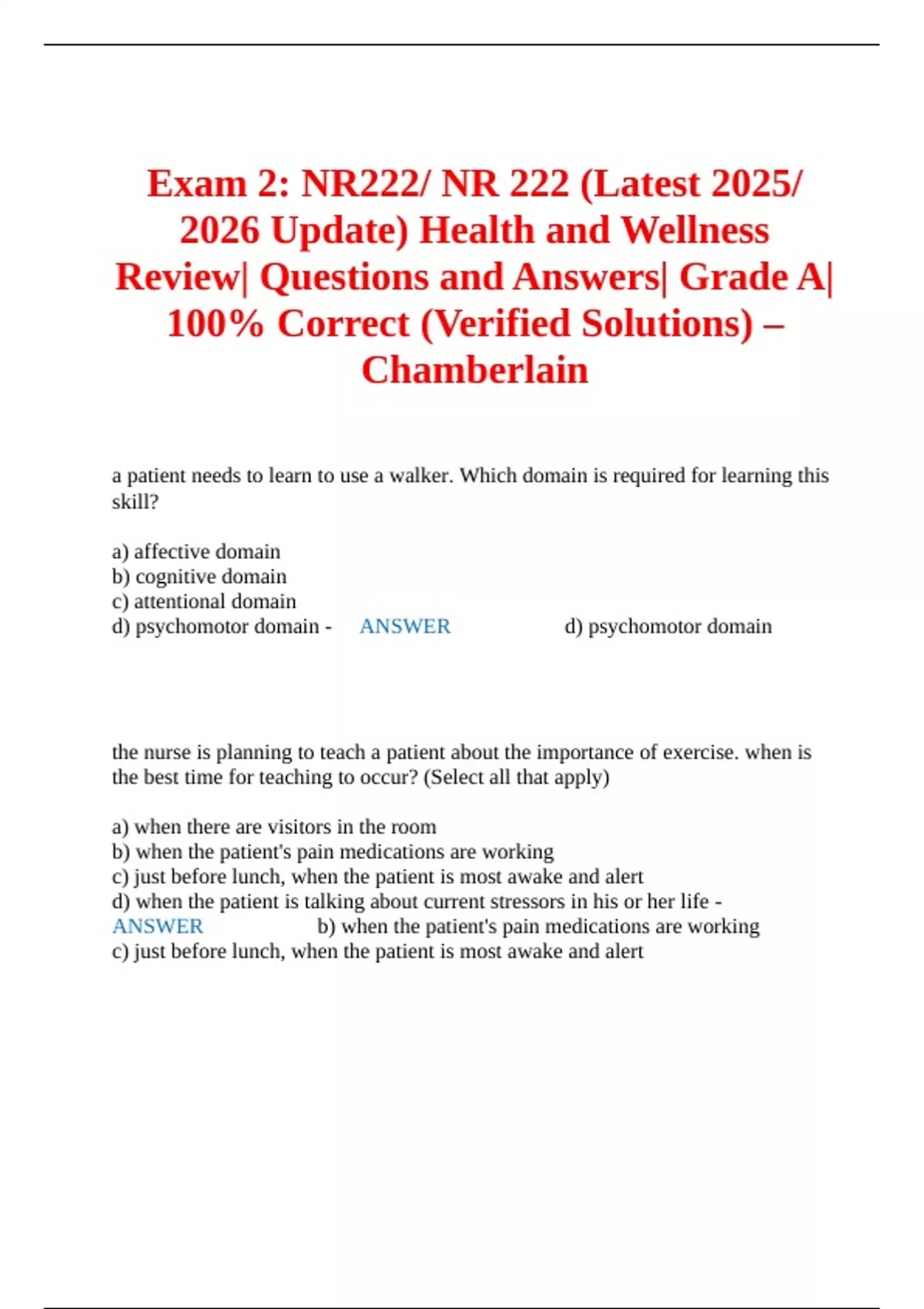 Exam 2: NR222/ NR 222 (Latest 2025/ 2026 Update) Health and Wellness ...