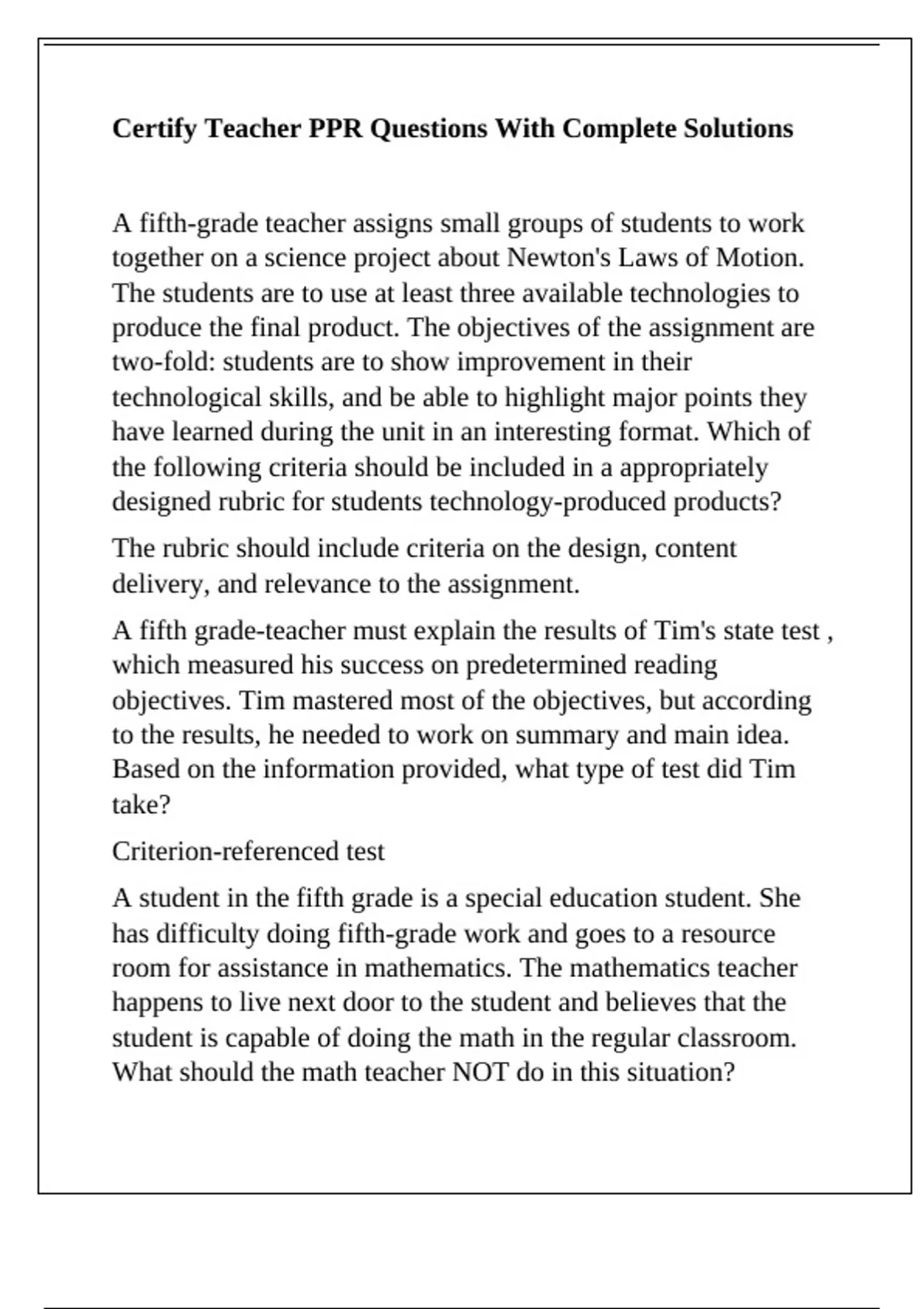 Certify Teacher PPR Questions With Complete Solutions - Texas ppr ...