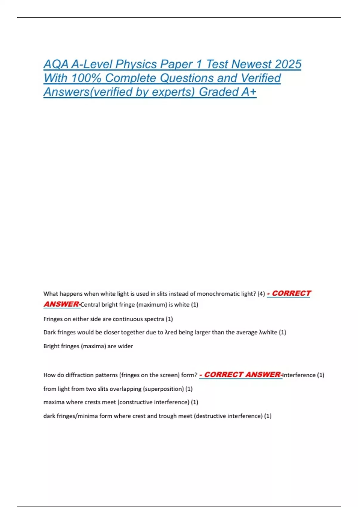 AQA A-Level Physics Paper 1 Test Newest 2025 With 100% Complete ...