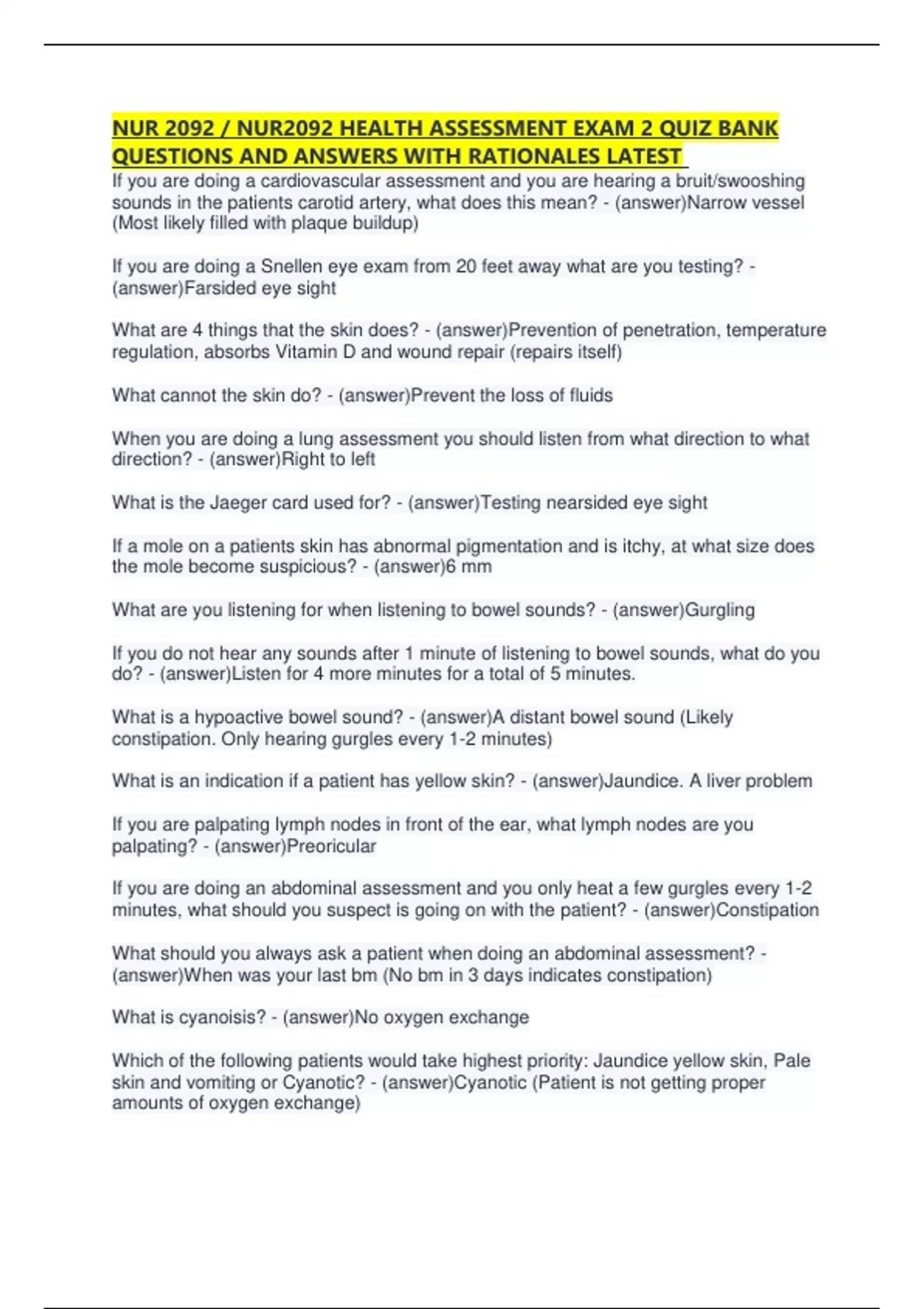 NUR 2092 Health Assessment Exam 2 – Complete Quiz Bank with Rationales ...