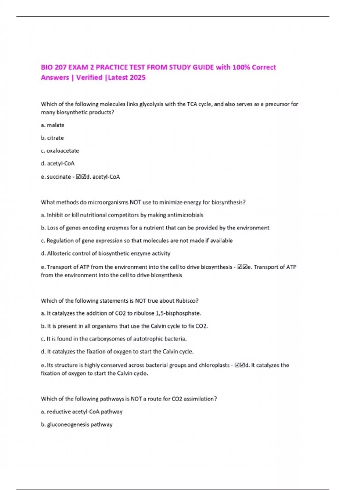 BIO 207 EXAM 2 PRACTICE TEST FROM STUDY GUIDE with 100% Correct Answers ...