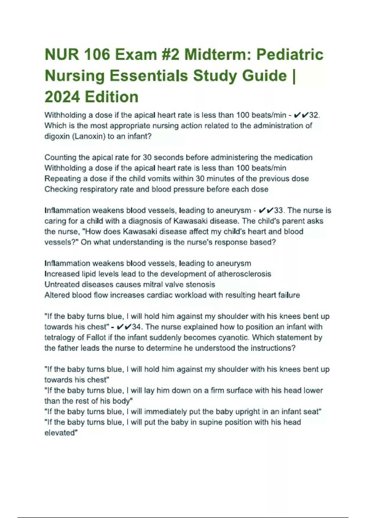 NUR 106 Exam 2 Midterm Pediatric Nursing Essentials Study Guide 2024 ...
