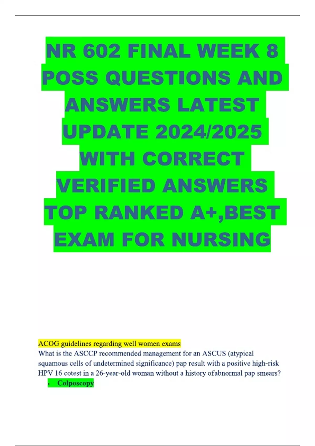 NR 602 FINAL WEEK 8 POSS QUESTIONS AND ANSWERS LATEST UPDATE - Nursing ...
