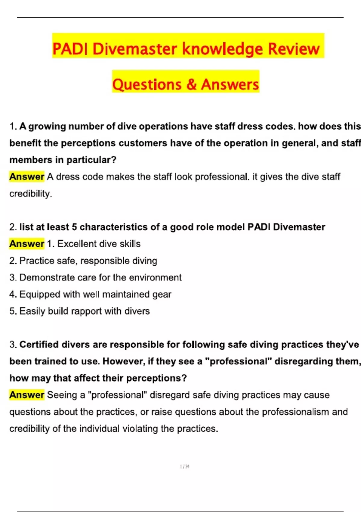 PADI Divemaster Knowledge Review Exam 2026 Actual Questions and Answers ...