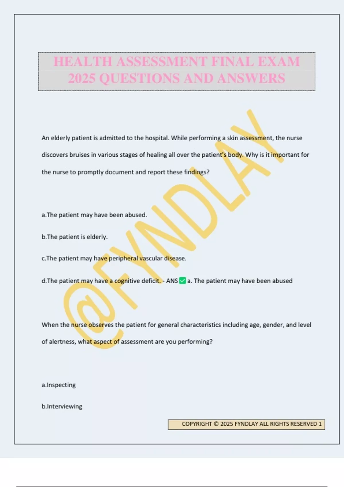 HEALTH ASSESSMENT FINAL EXAM 2025 QUESTIONS AND ANSWERS - HEALTH ...