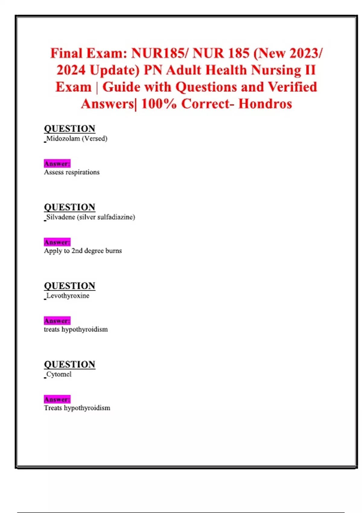 Final Exam Nur185 Nur 185 New Update Pn Adult Health Nursing Ii