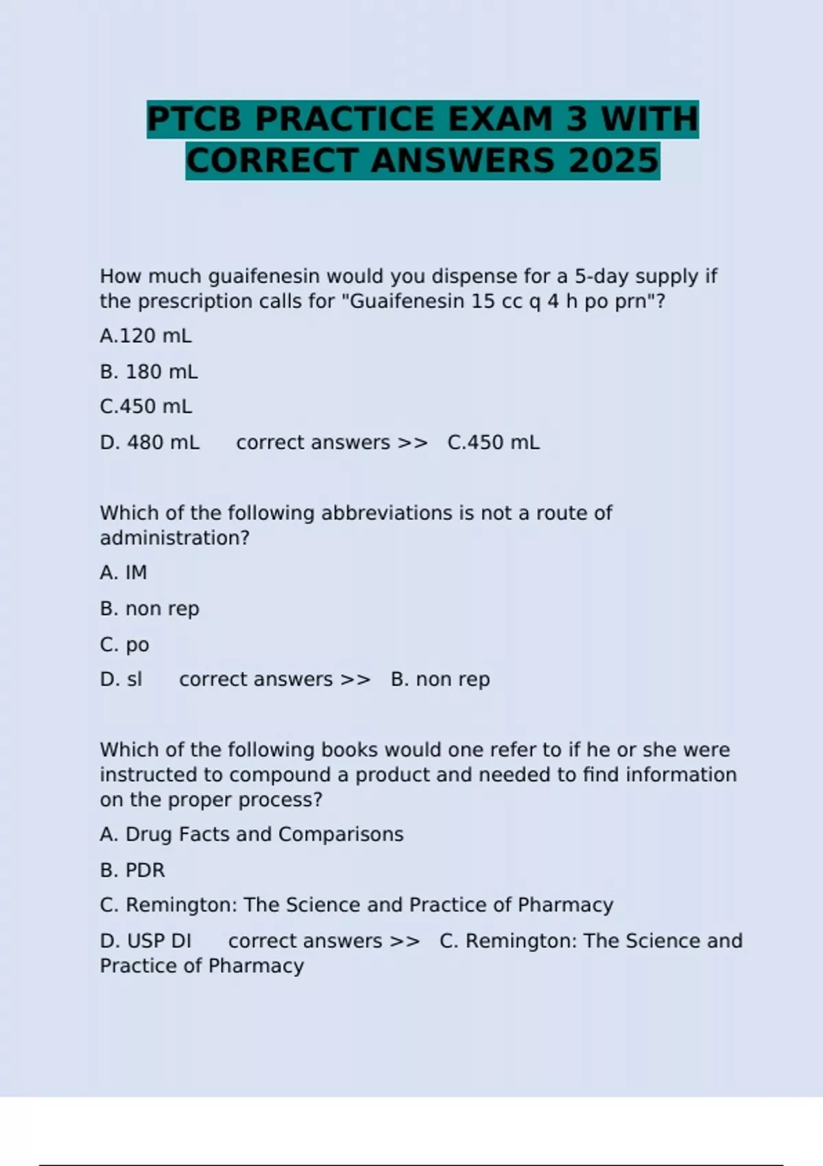 PTCB PRACTICE EXAM 3 WITH CORRECT ANSWERS 2025 - PTCB PRACTICE EXA ...