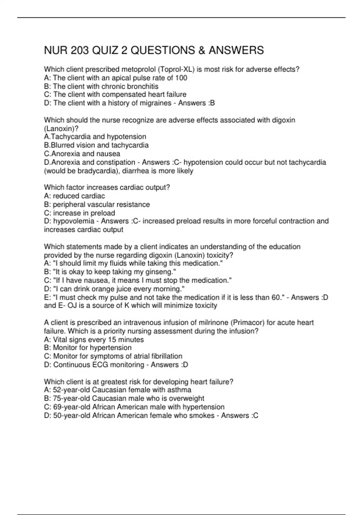 NUR 203 QUIZ 2 QUESTIONS & ANSWERS - NUR 203 - Stuvia US