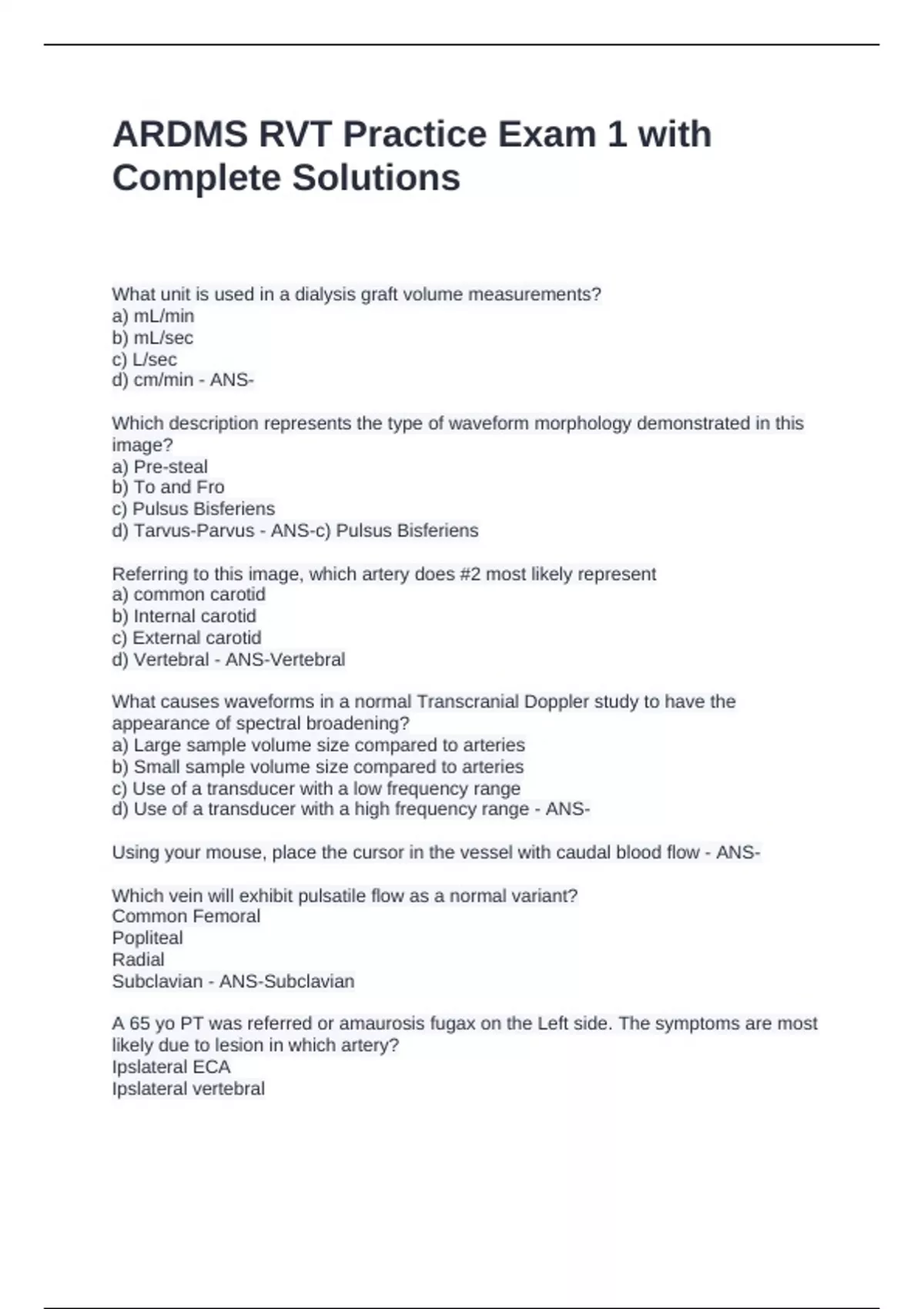 ARDMS RVT Practice Exam 1 with Complete Solutions - Ardms - Stuvia US