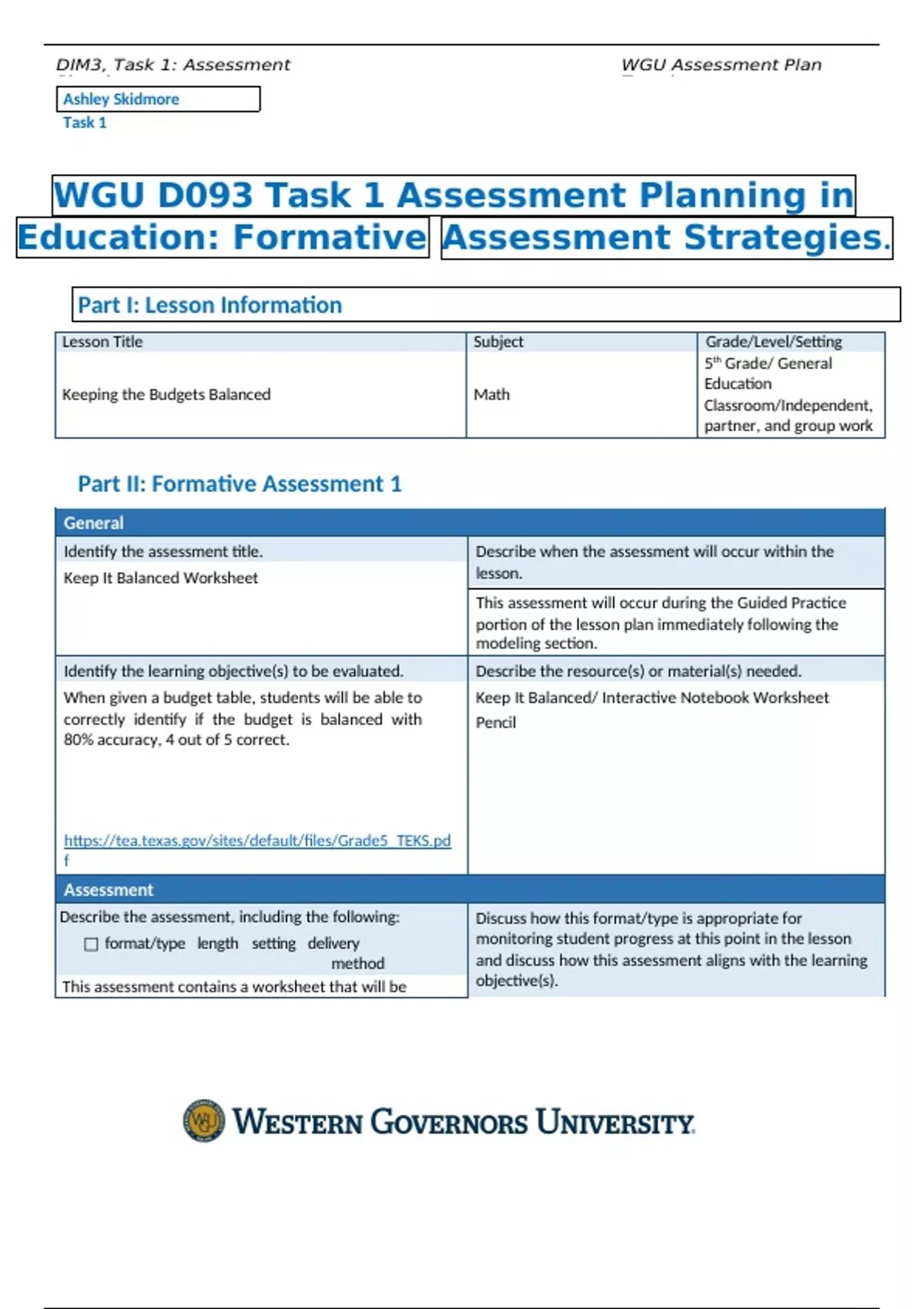 WGU D093 Assessment Planning in Education: Formative Assessment ...