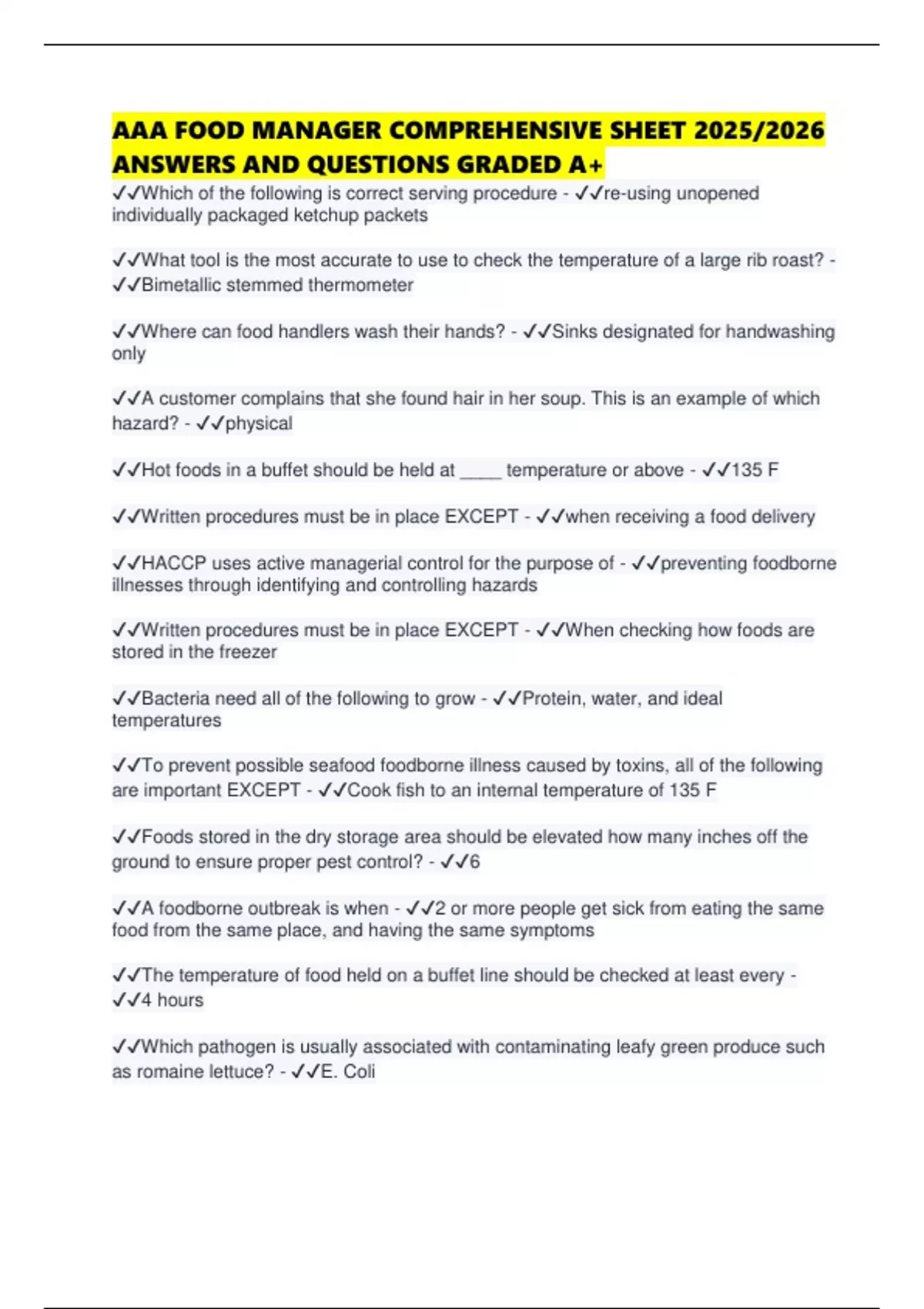 AAA FOOD MANAGER COMPREHENSIVE SHEET 2025/2026 ANSWERS AND QUESTIONS ...