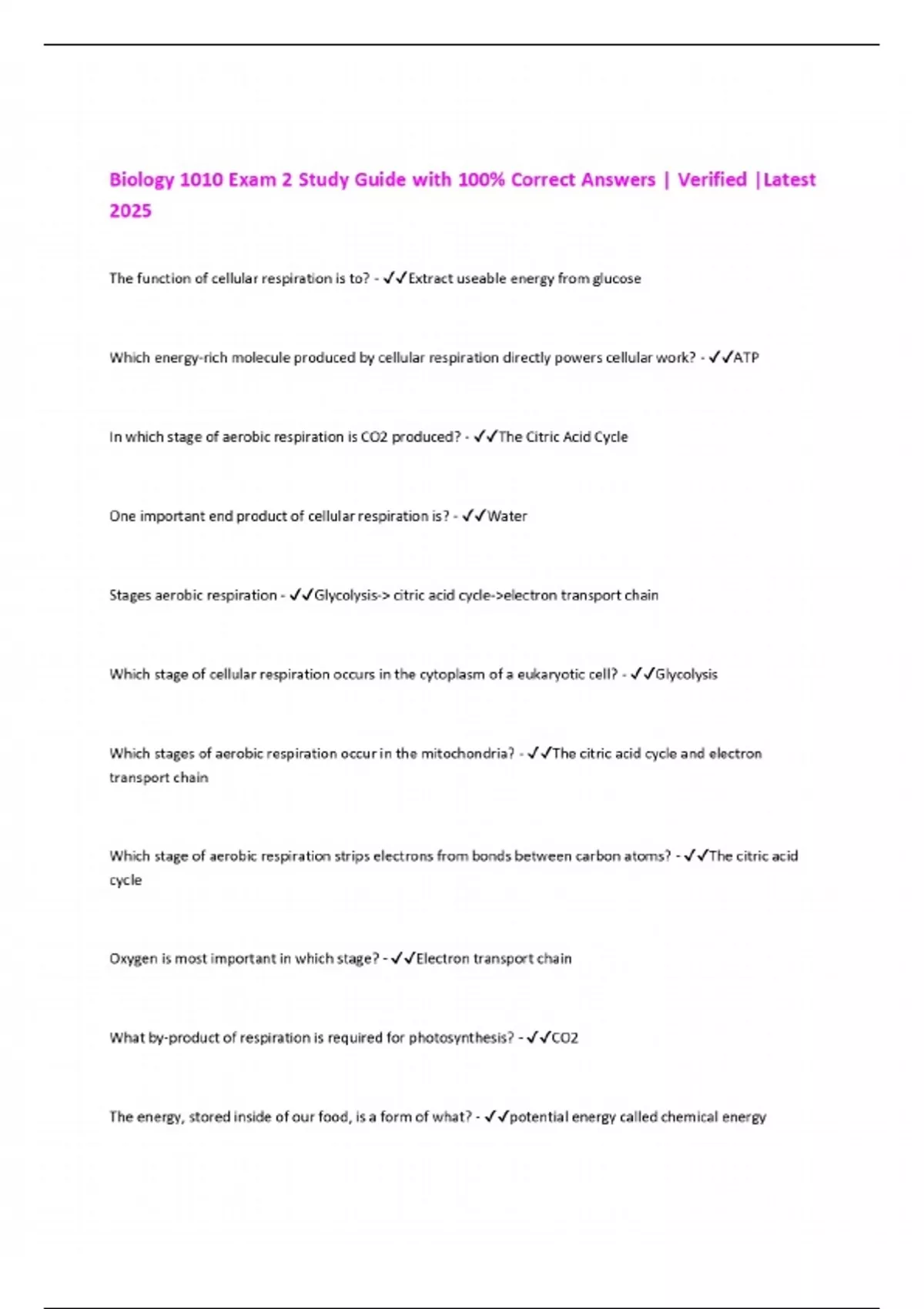 Biology 1010 Exam 2 Study Guide with 100% Correct Answers | Verified ...
