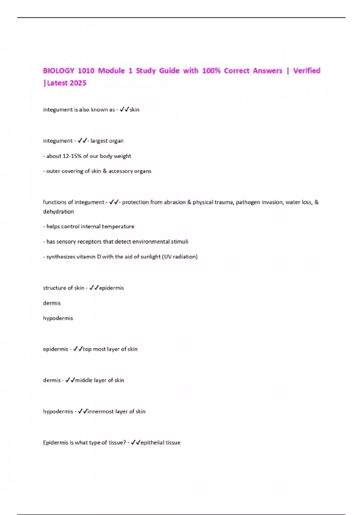BIOLOGY 1010 Module 1 Study Guide with 100% Correct Answers | Verified ...