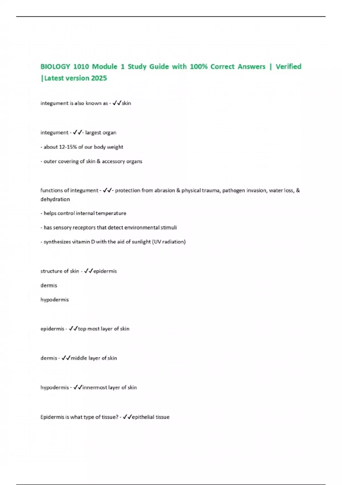 BIOLOGY 1010 Module 1 Study Guide with 100% Correct Answers | Verified ...