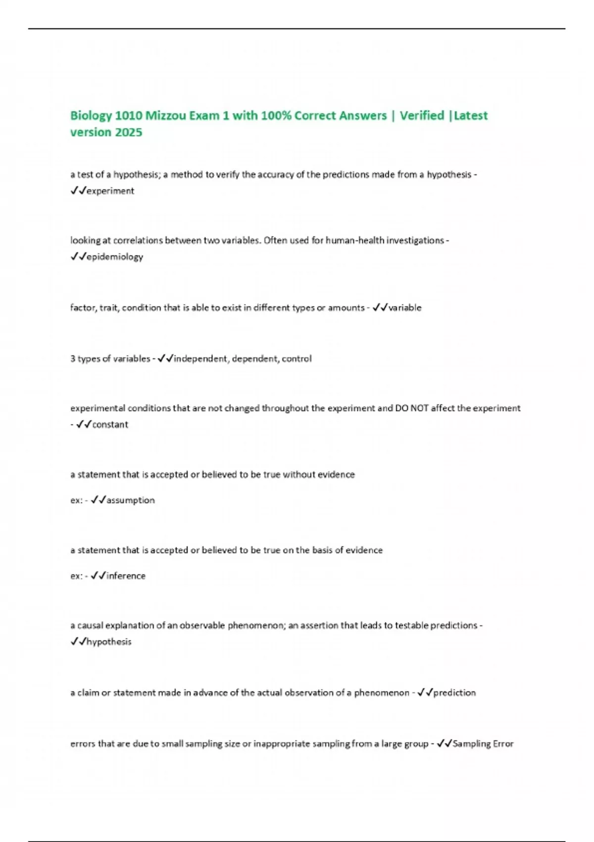 Biology 1010 Mizzou Exam 1 with 100% Correct Answers | Verified |Latest ...