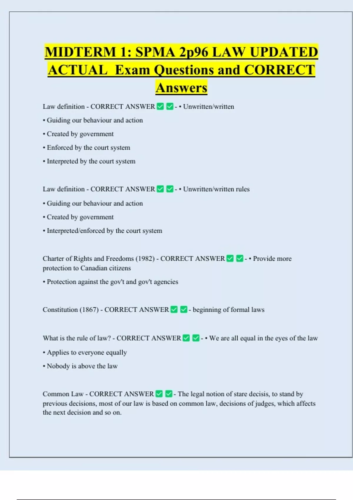 Spma MIDTERM 1: SPMA 2p96 LAW UPDATED ACTUAL Exam Questions and CORRECT ...