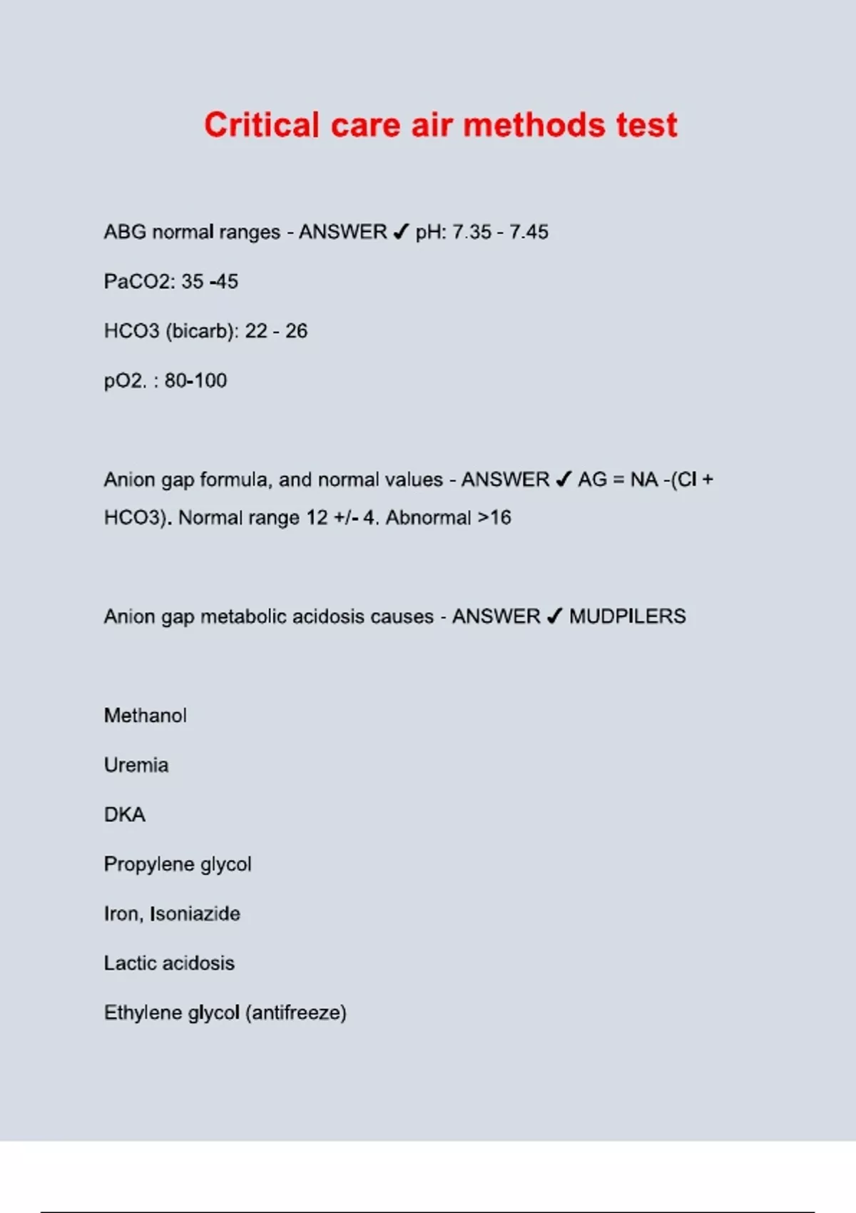 Critical care air methods test (Latest 2025/ 2026 Update) Questions and ...