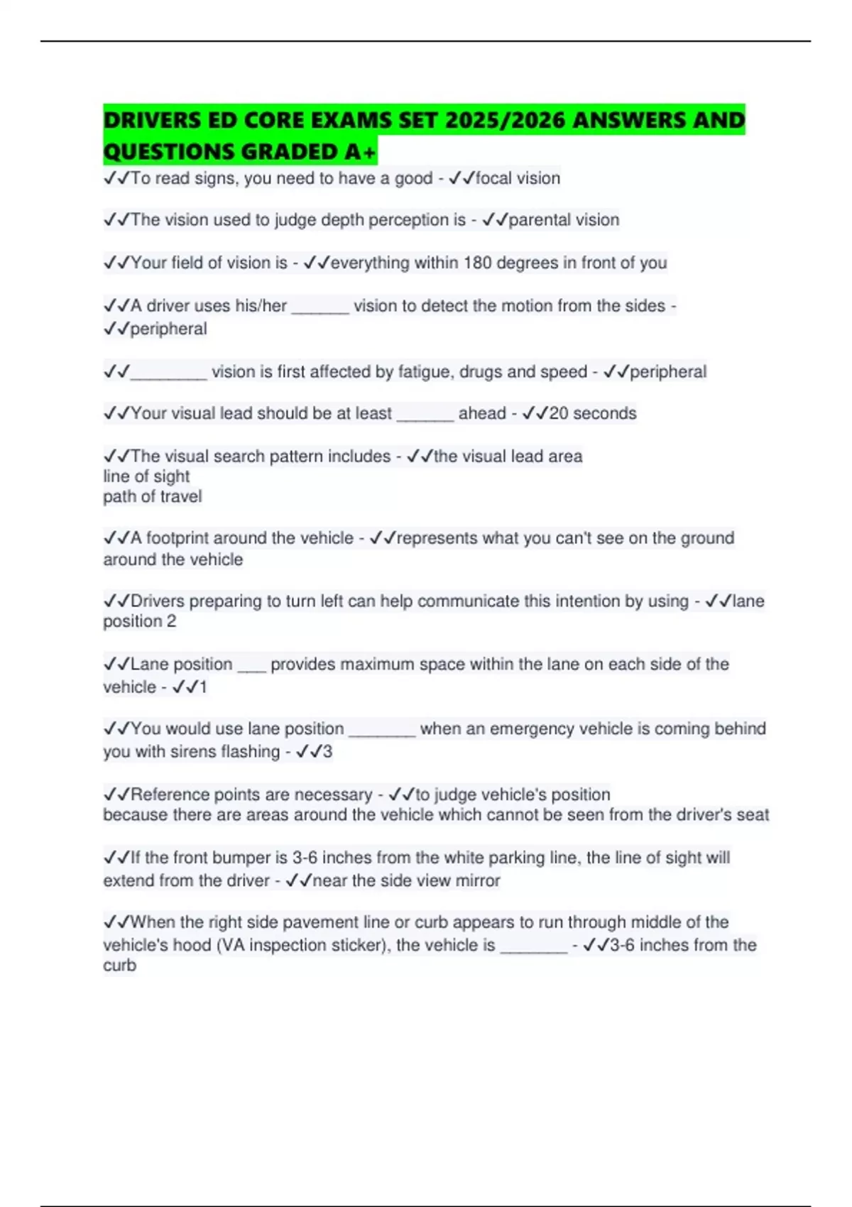 Drivers Ed Answer Key DRIVERS ED CORE EXAMS SET 2025/2026 ANSWERS AND QUESTIONS GRADED A+ ...