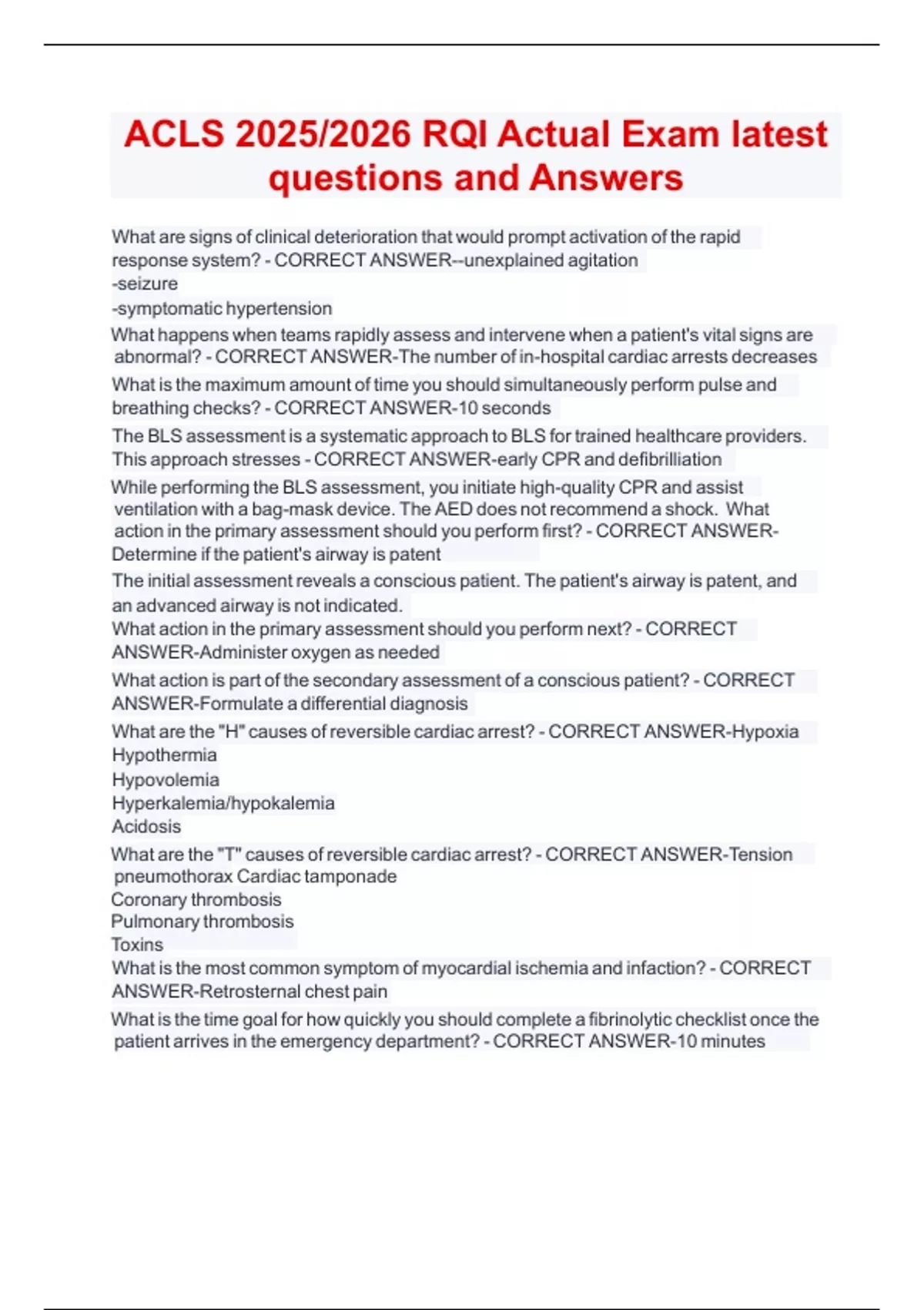 Acls Rqi Card ACLS 2025/2026 RQI Actual Exam latest questions and Answers - ACLS 2025 ...