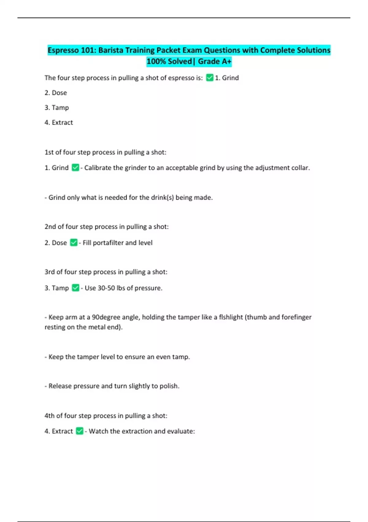 Espresso 101: Barista Training Packet Exam Questions with Complete ...
