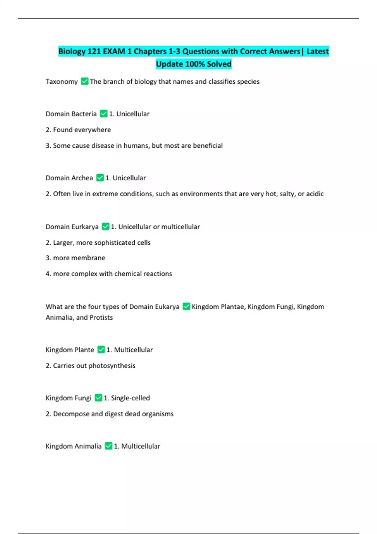 Biology 121 EXAM 1 Chapters 1-3 Questions with Correct Answers| Latest ...
