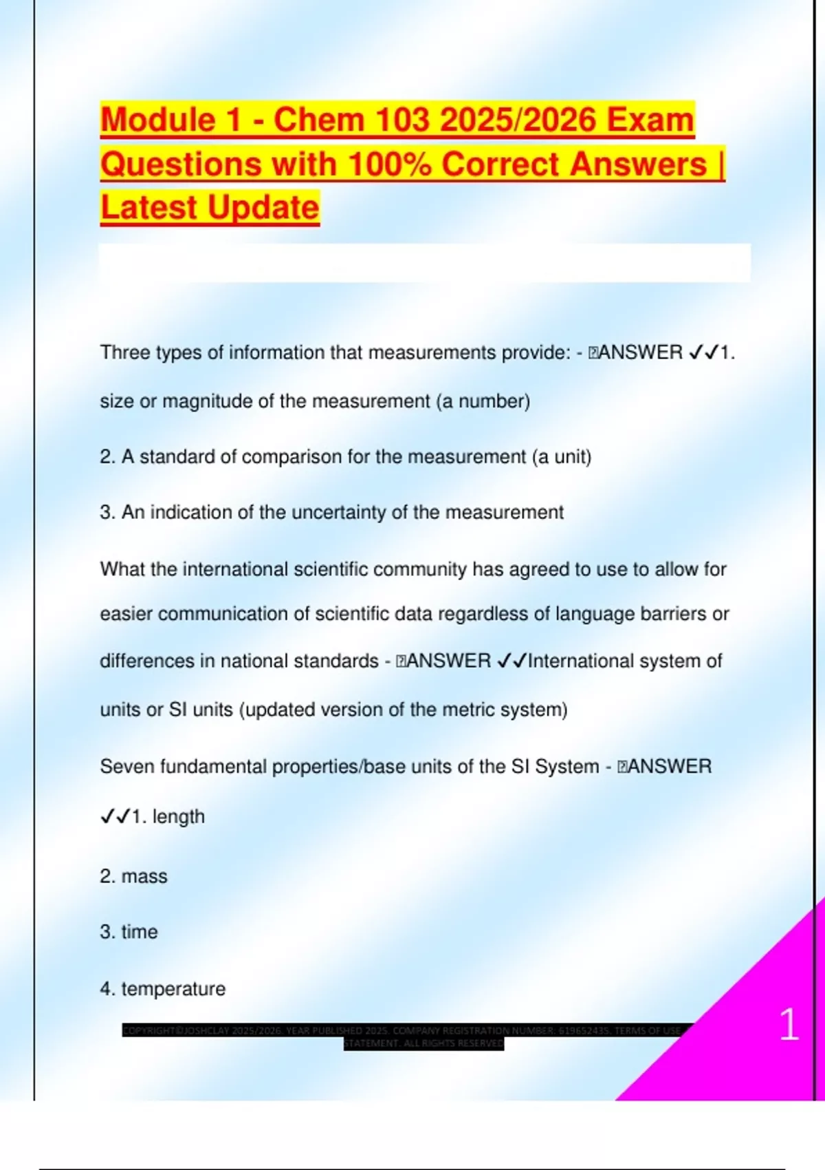 Module 1 - Chem 103 2025/2026 Exam Questions with 100% Correct Answers ...