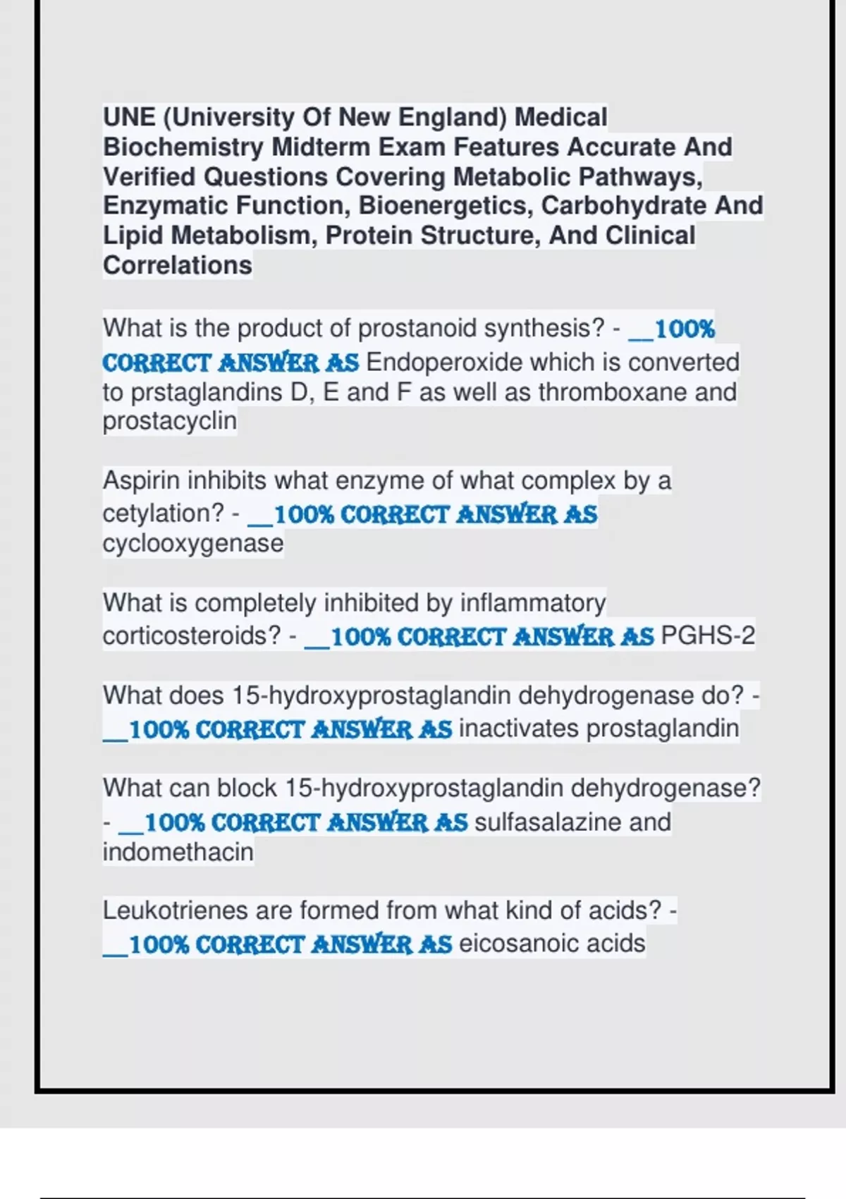 UNE (University Of New England) Medical Biochemistry Midterm Exam ...