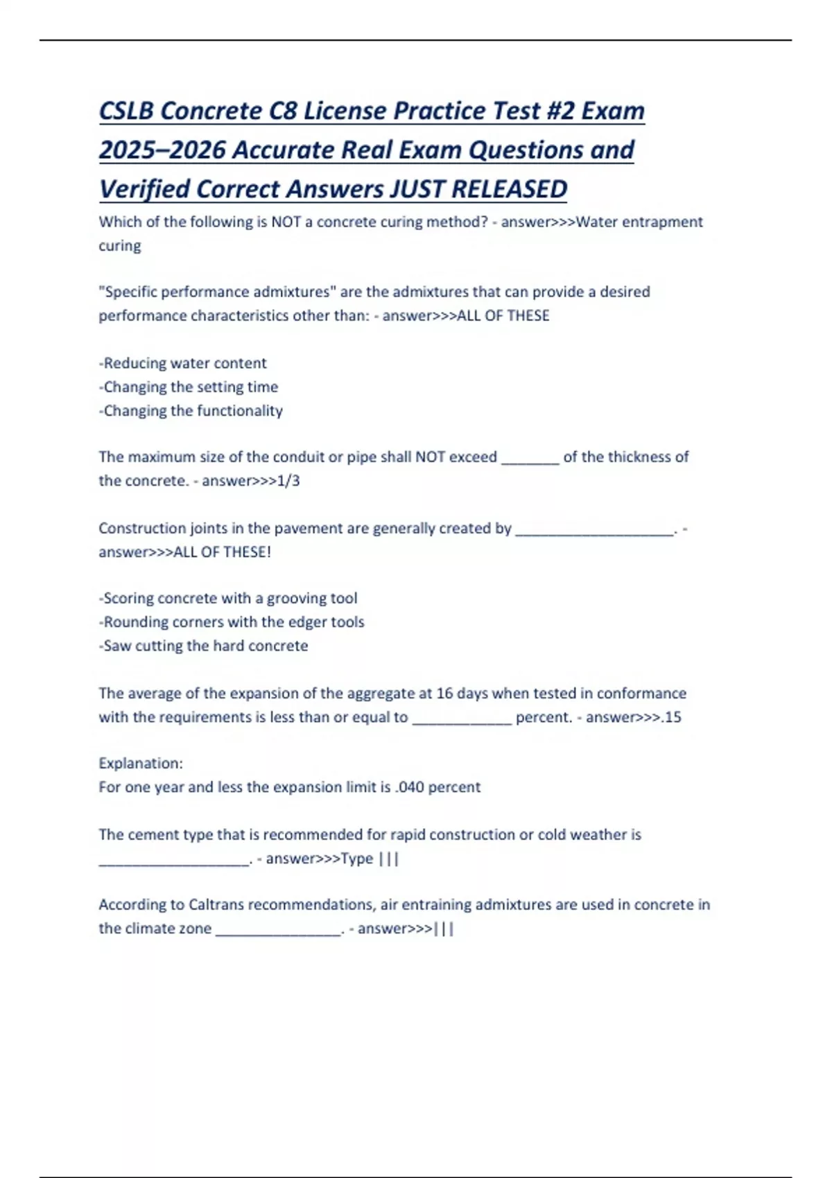 CSLB Concrete C8 License Practice Test #2 Exam 2025–2026 California ...