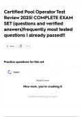 Certified Pool Operator Test Review 2025&vert; COMPLETE EXAM SET &lpar;questions and verified answers&rpar;frequently most tested questions &vert; already passed&excl;&excl;
