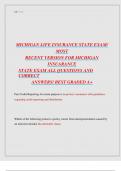 MICHIGAN LIFE INSURANCE STATE EXAM&sol;   MOST   RECENT VERSION FOR MICHIGAN   INSUARANCE   STATE EXAM ALL QUESTIONS AND  CORRECT   ANSWERS&sol; BEST GRADED A&plus; 