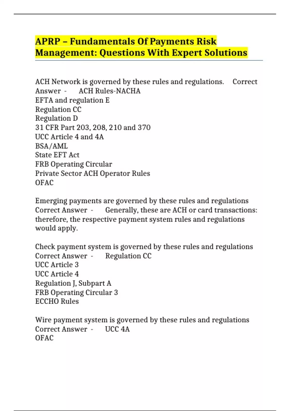Aprp APRP – Fundamentals Of Payments Risk Management: Questions With Expert ...