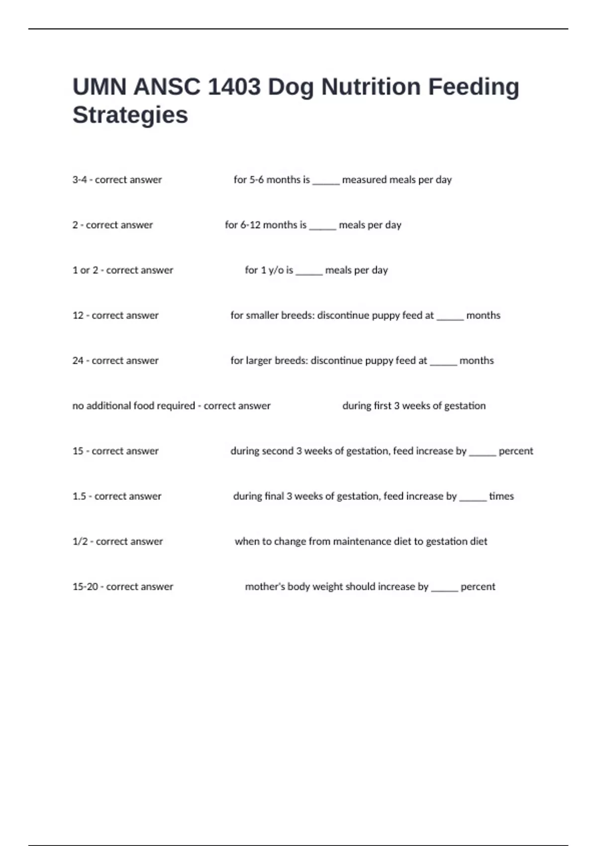 UMN ANSC 1403 Dog Nutrition Feeding Strategies Proctored Exam Complete ...