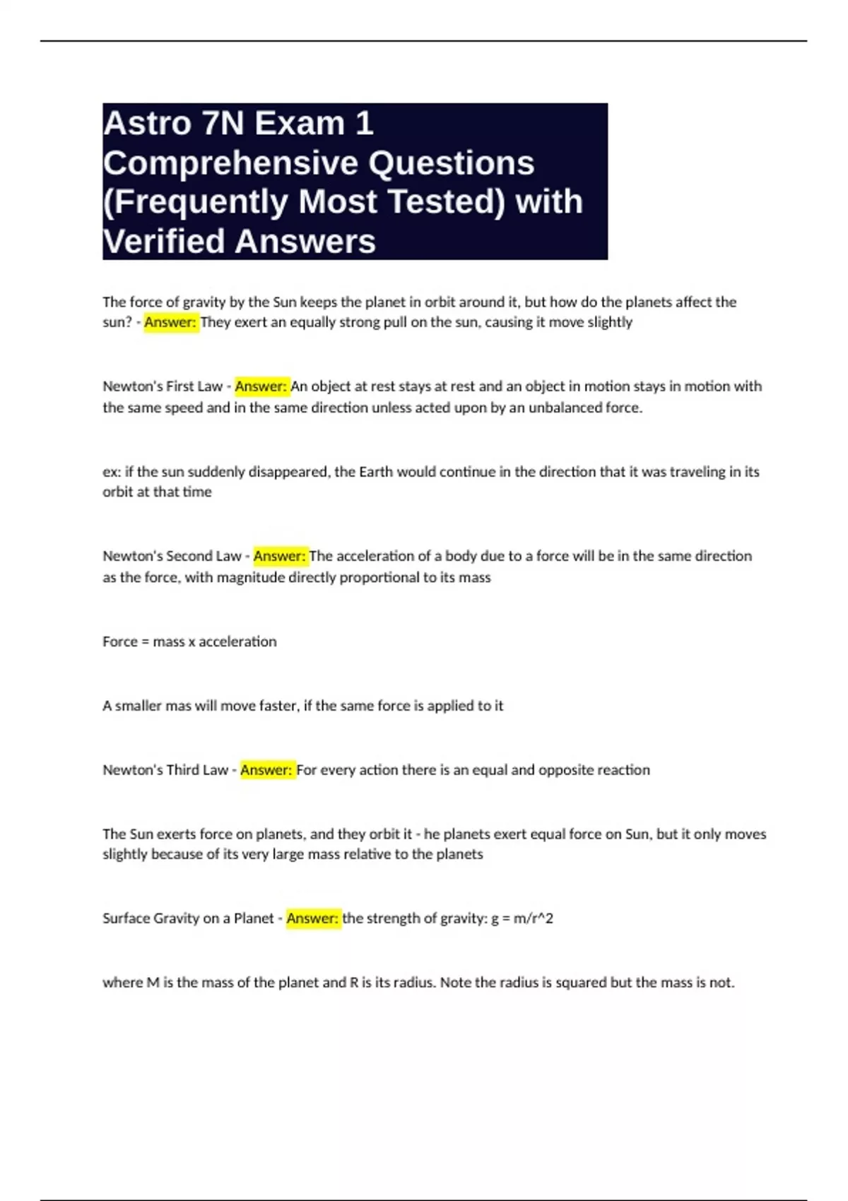 Astro 7N Exam 1 Comprehensive Questions (Frequently Most Tested) with ...