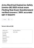 Army Electrical Explosives Safety &lpar;Ammo-28&rpar; 2025 Actual exam &lpar;Testing Real Exam Questions&rpar;and verified Answers &lpar; 100&percnt; accurate&rpar; GET IT RIGHT&excl;&excl;