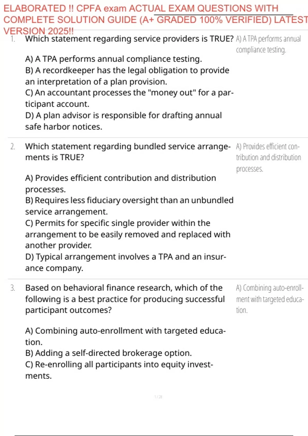 ELABORATED !! CPFA exam ACTUAL EXAM QUESTIONS WITH COMPLETE SOLUTION ...