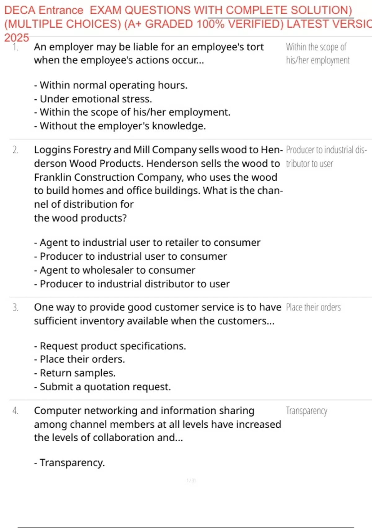 DECA Entrance EXAM QUESTIONS WITH COMPLETE SOLUTION) (MULTIPLE CHOICES ...