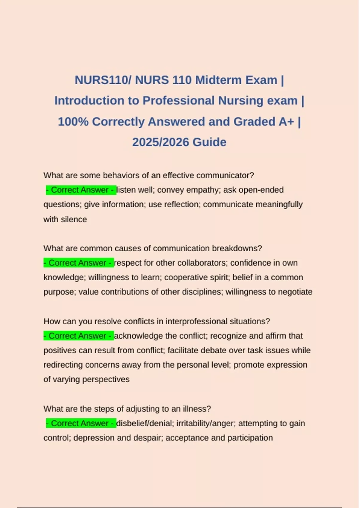 NURS 110 / NURS110 FINAL EXAM | INTRODUCTION TO PROFESSIONAL NURSING ...
