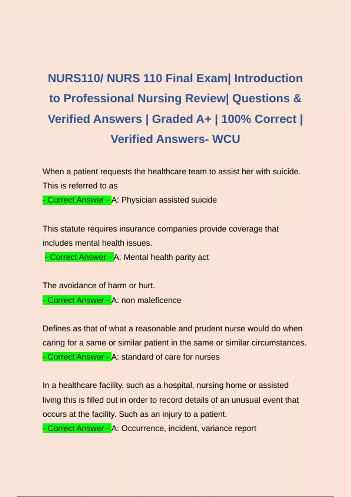 BUNDLE FOR NURS 110 / NURS110 FINAL EXAM | INTRODUCTION TO PROFESSIONAL ...