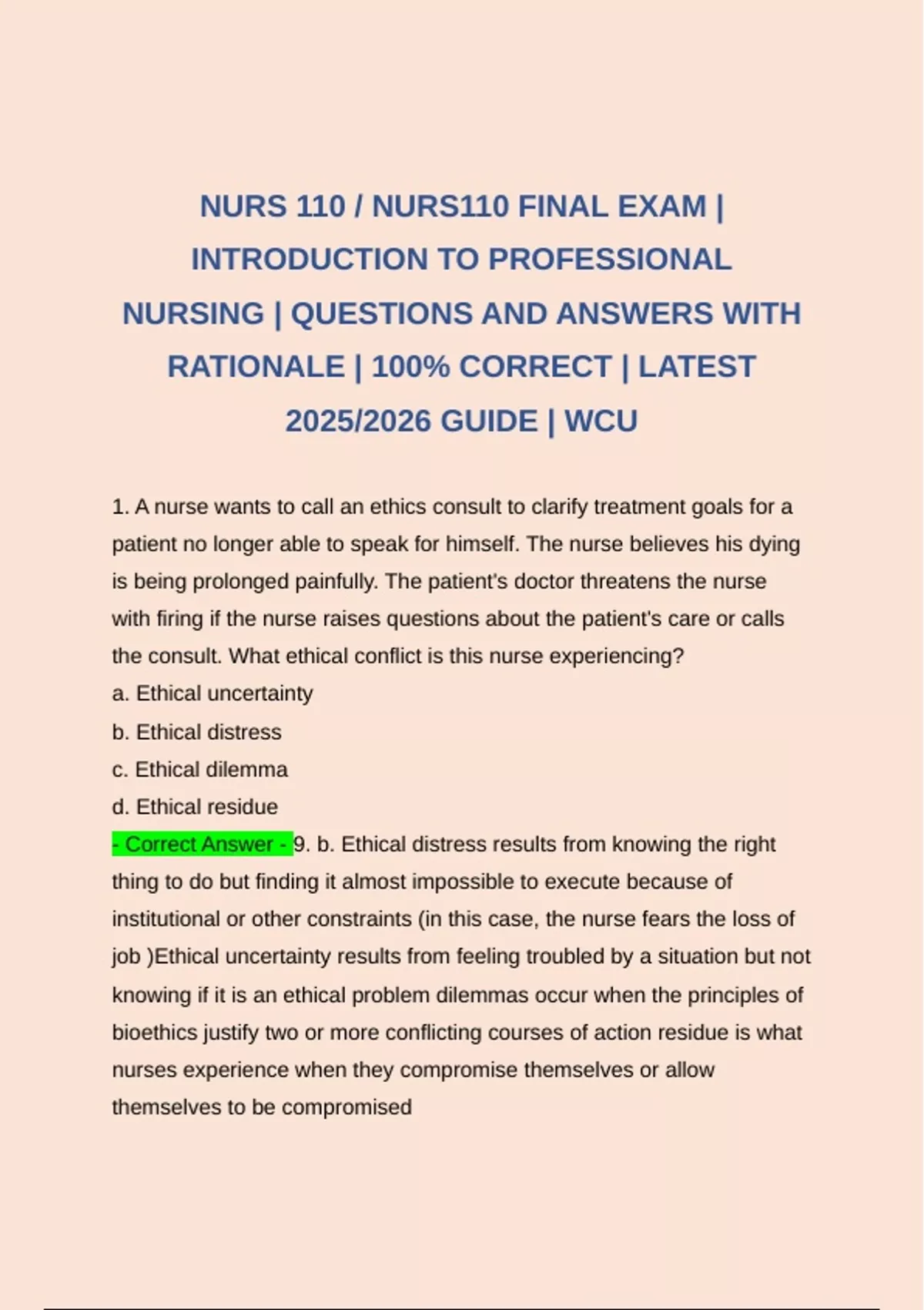 NURS 110 / NURS110 FINAL EXAM | INTRODUCTION TO PROFESSIONAL NURSING ...