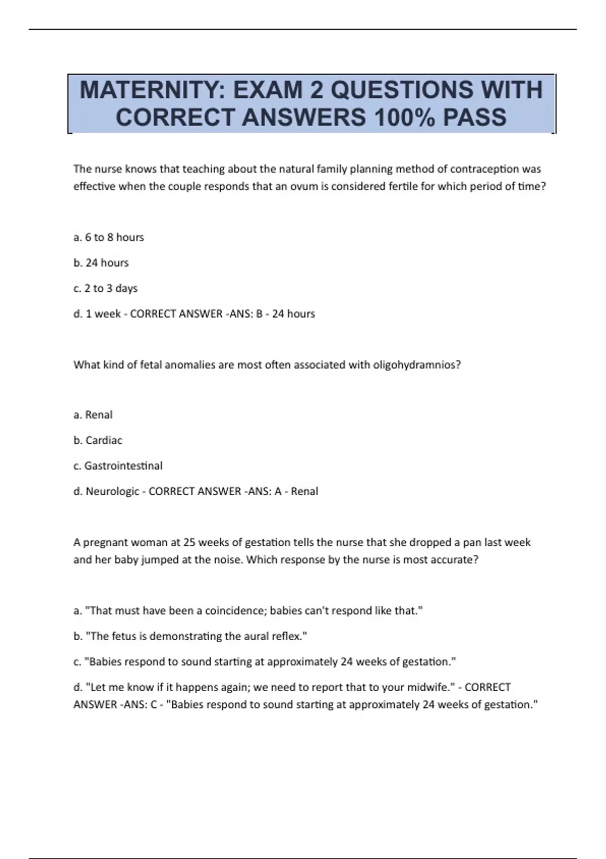 MATERNITY EXAM 2 QUESTIONS WITH CORRECT ANSWERS 100% PASS - Maternity ...