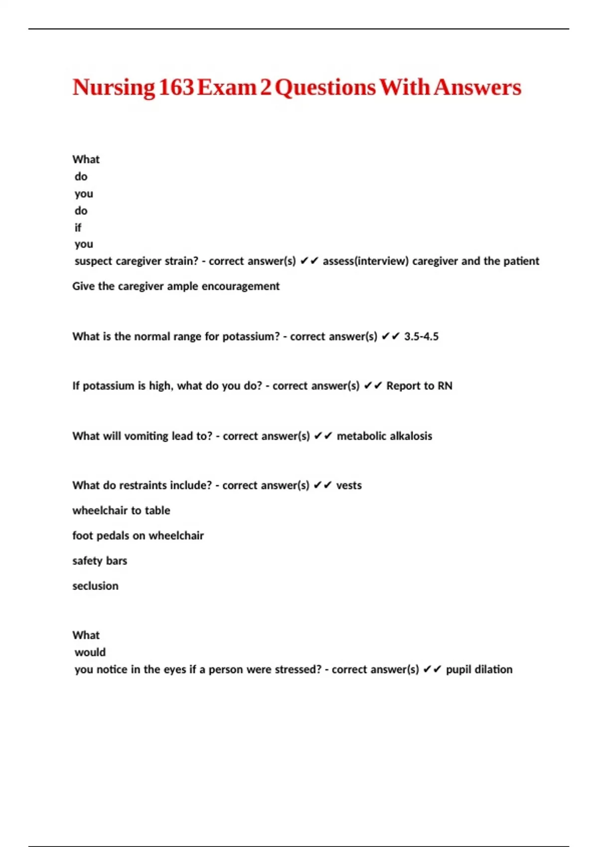 Nursing 163 Exam 2 Questions With Answers - NUR 163 - Stuvia US