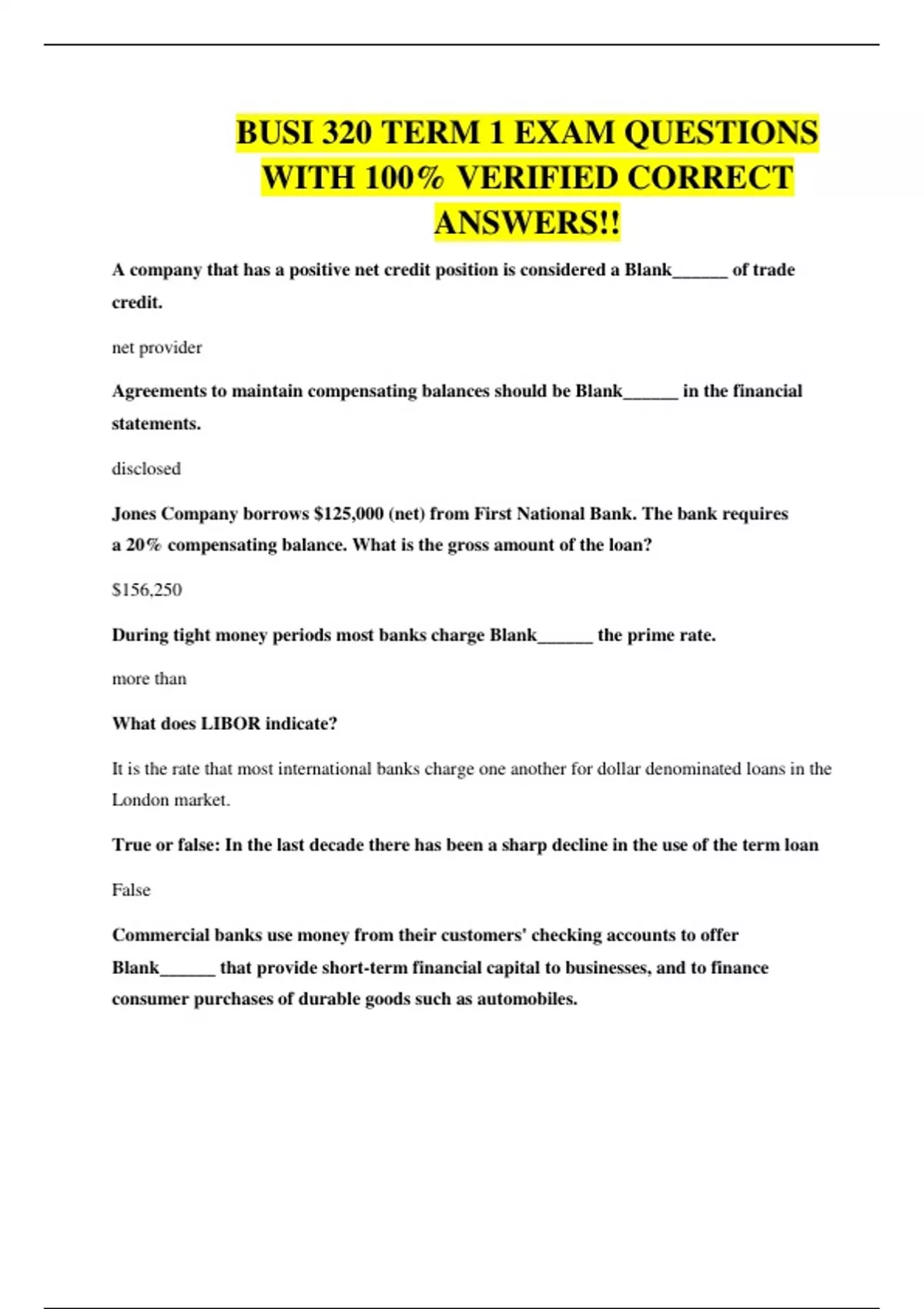 BUSI 320 TERM 1 EXAM QUESTIONS WITH 100% VERIFIED CORRECT ANSWERS ...