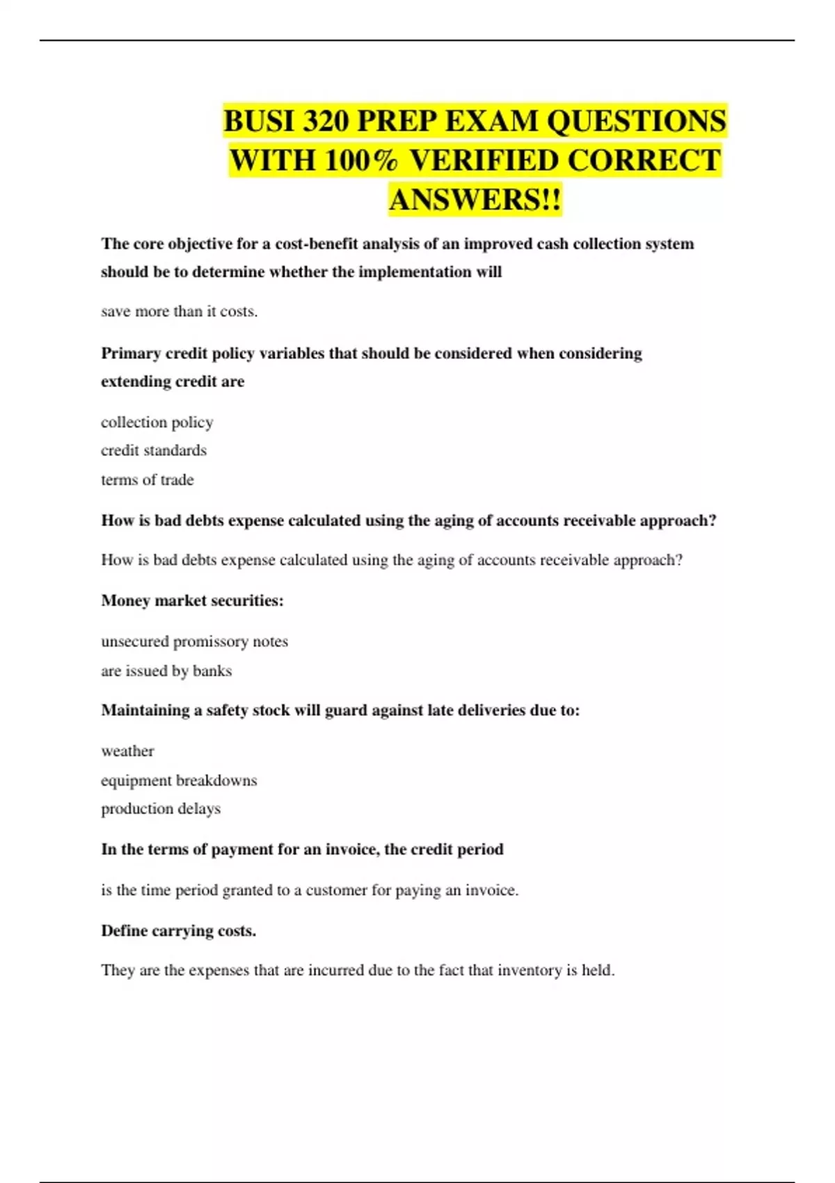 BUSI 320 PREP EXAM QUESTIONS WITH 100% VERIFIED CORRECT ANSWERS ...