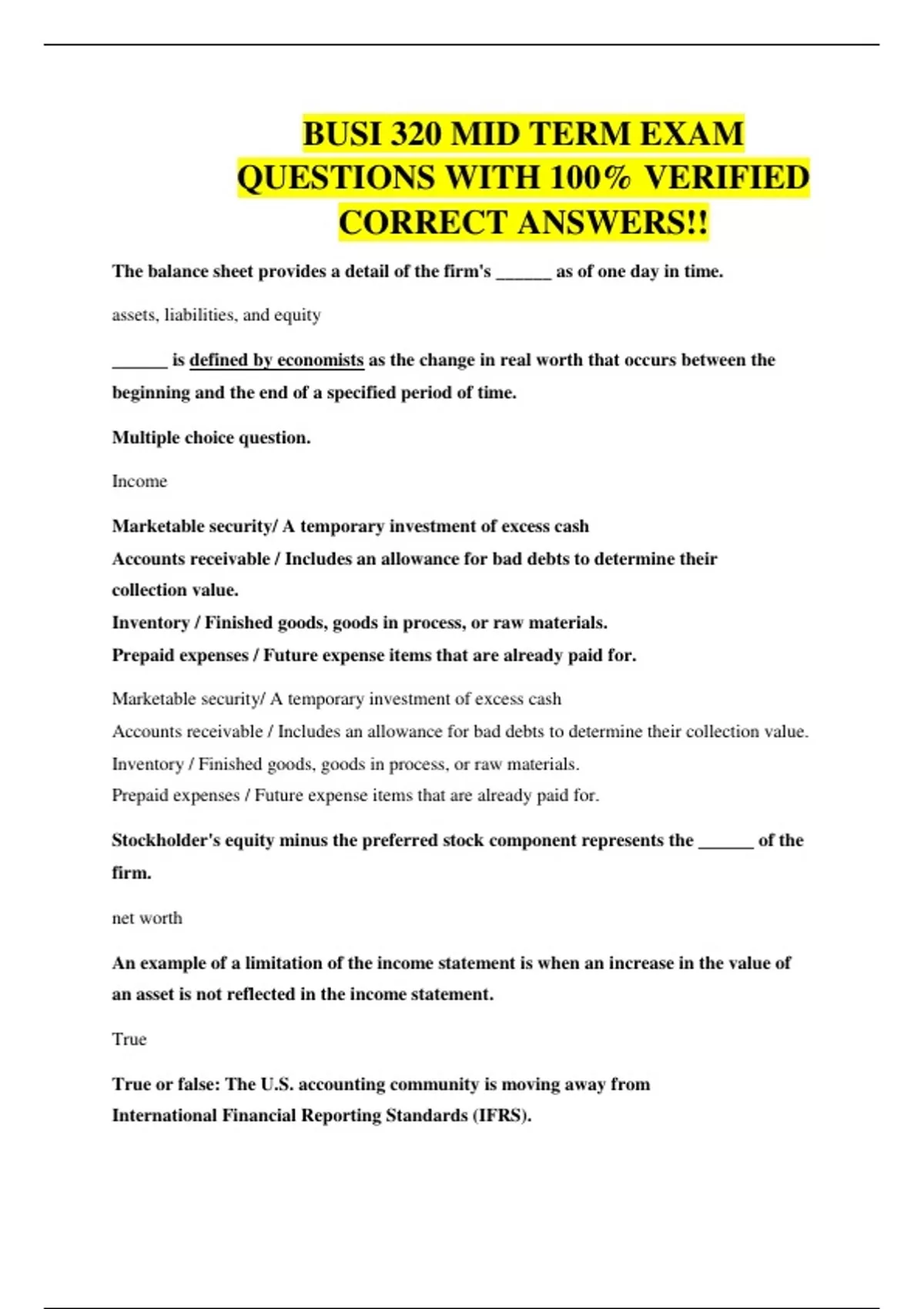 BUSI 320 MID TERM EXAM QUESTIONS WITH 100% VERIFIED CORRECT ANSWERS ...